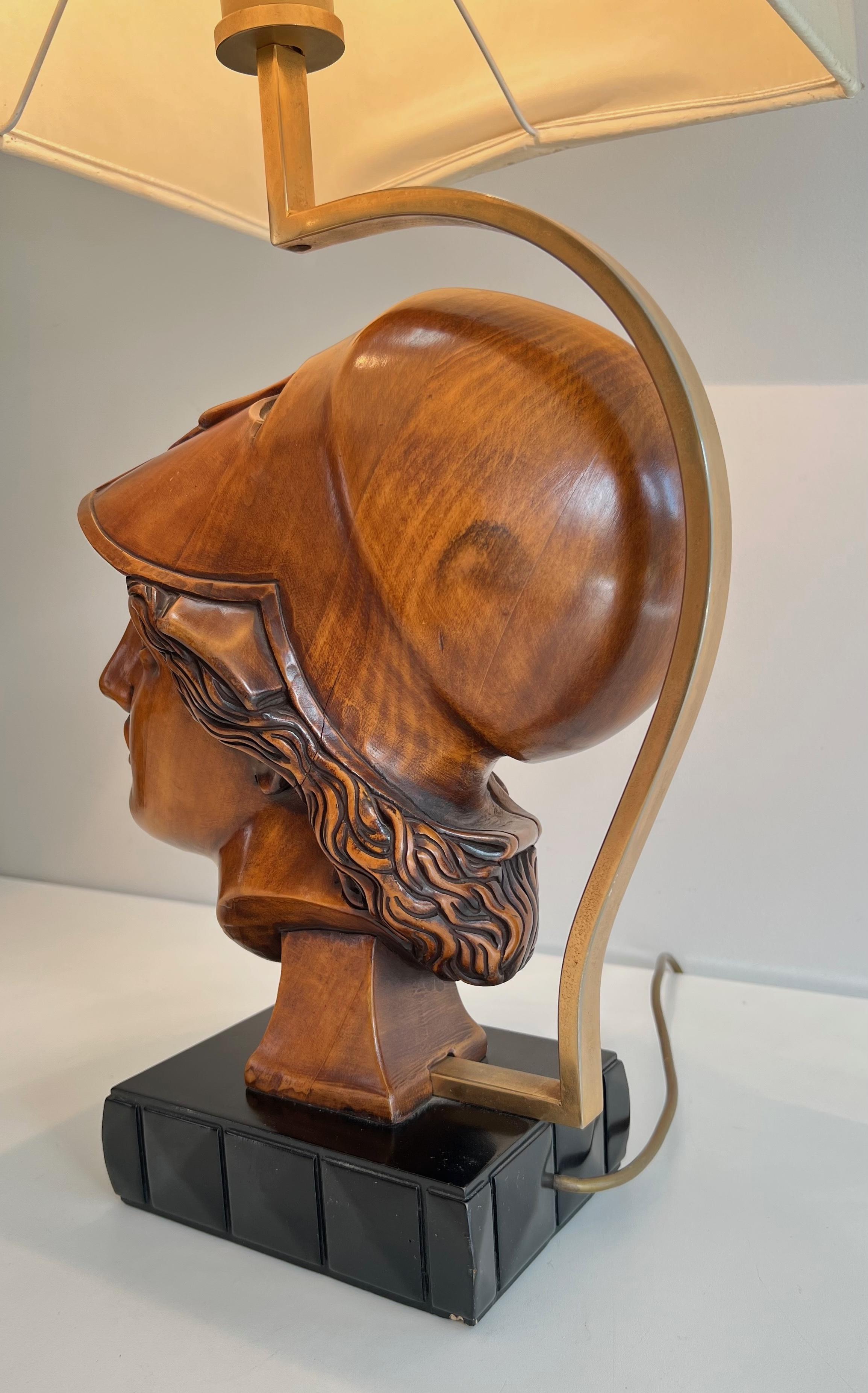 Pair of Walnut Table Lamps representing Faces of Helmeted Soldiers For Sale 11