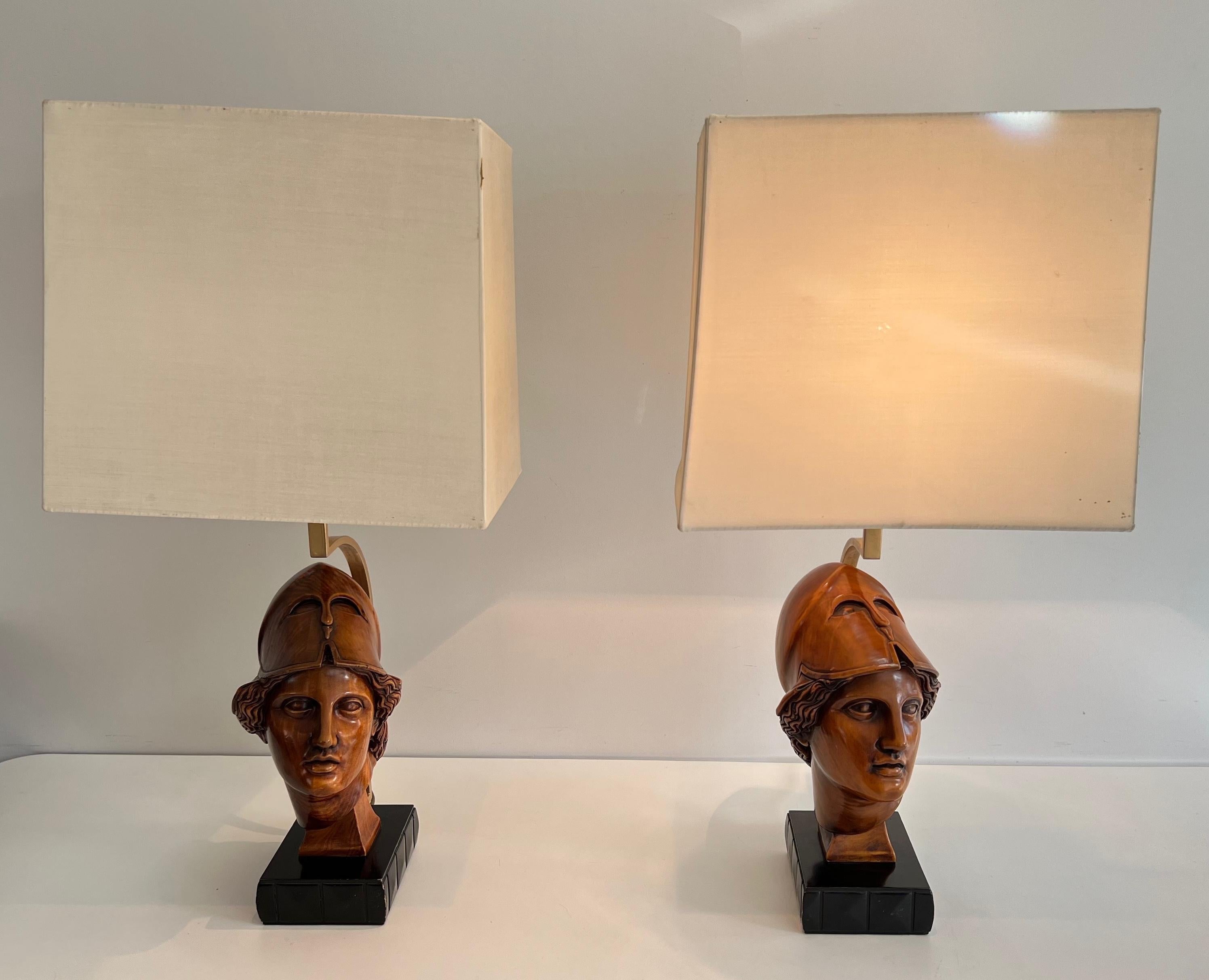Pair of Walnut Table Lamps representing Faces of Helmeted Soldiers For Sale 14