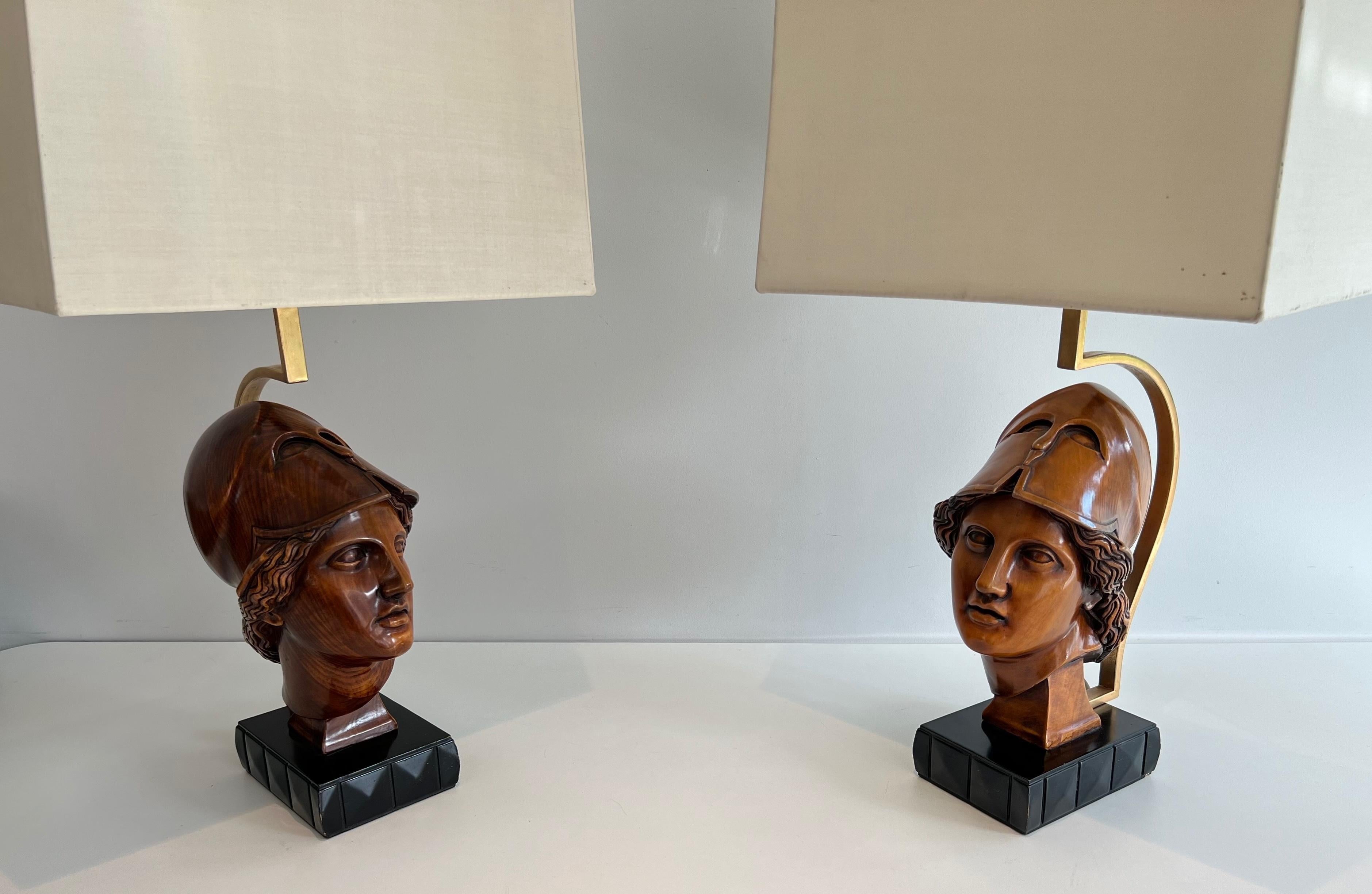 Neoclassical Pair of Walnut Table Lamps representing Faces of Helmeted Soldiers For Sale