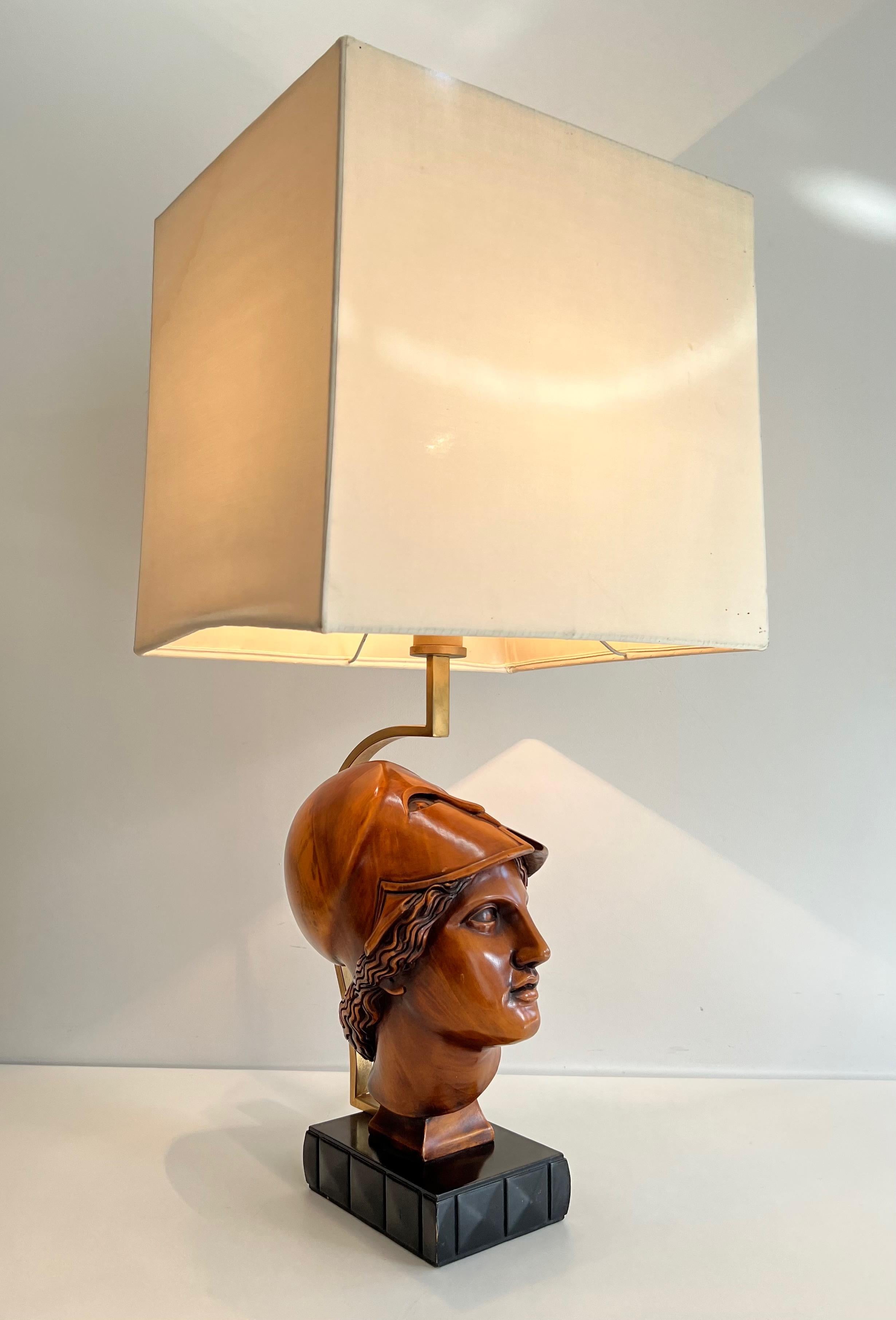 Italian Pair of Walnut Table Lamps representing Faces of Helmeted Soldiers For Sale