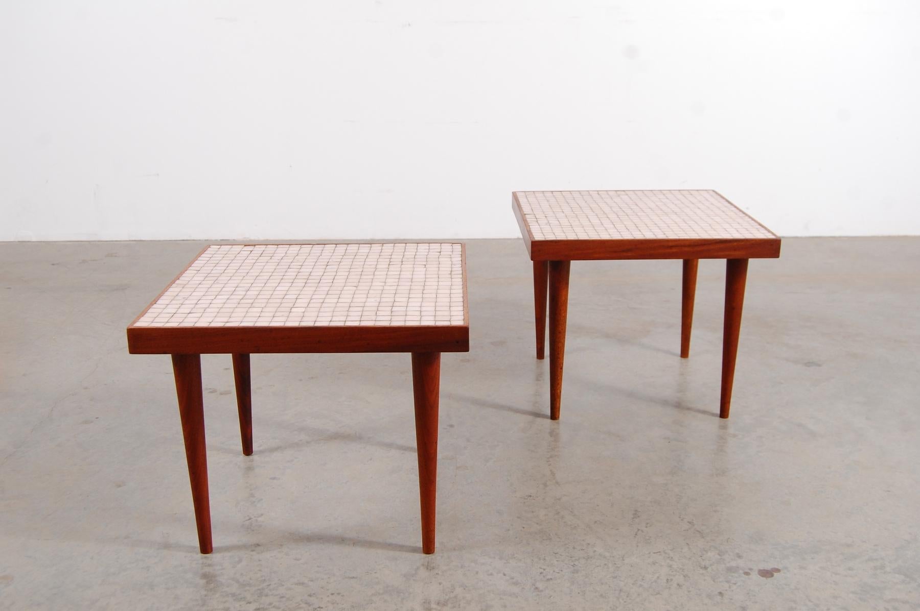 American Pair of Walnut Tables with Murano Glass Tile Tops For Sale