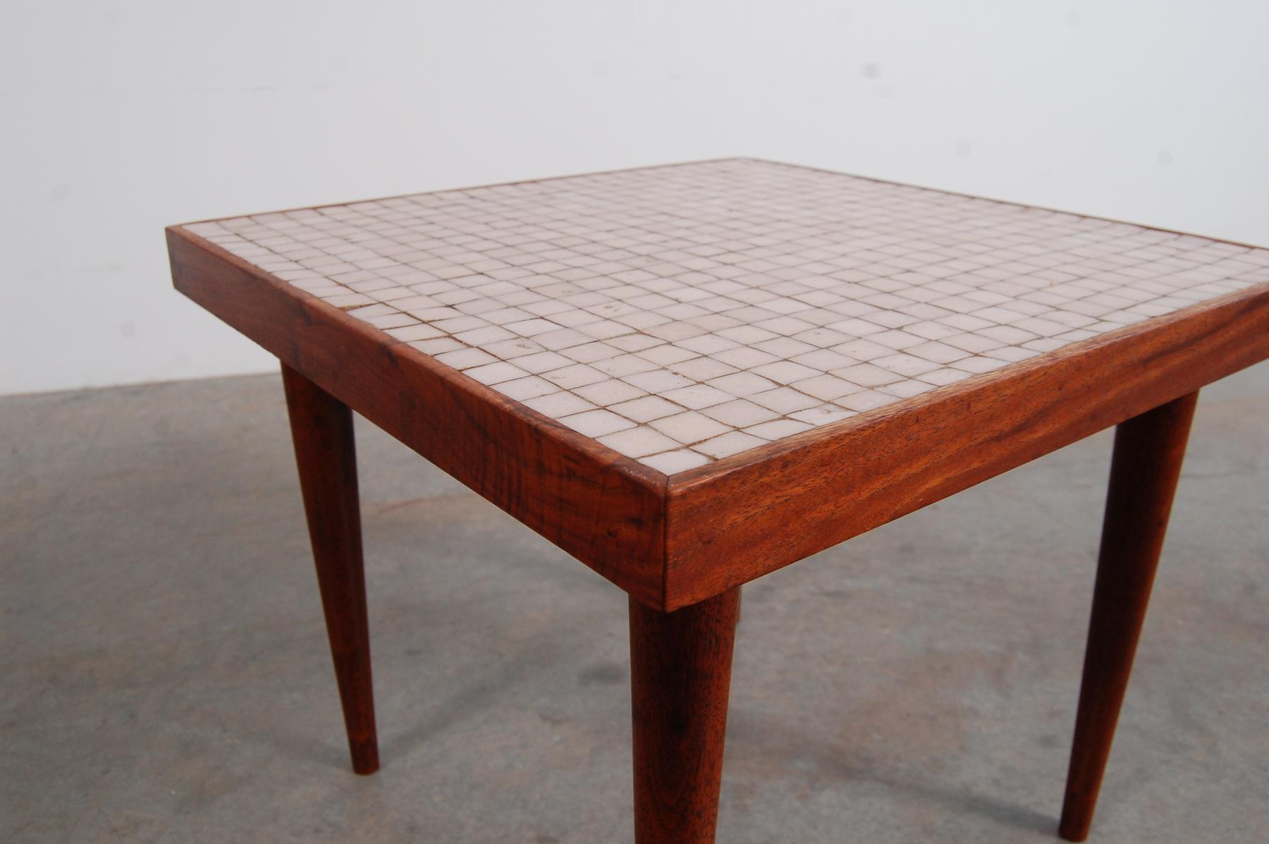 Oiled Pair of Walnut Tables with Murano Glass Tile Tops For Sale