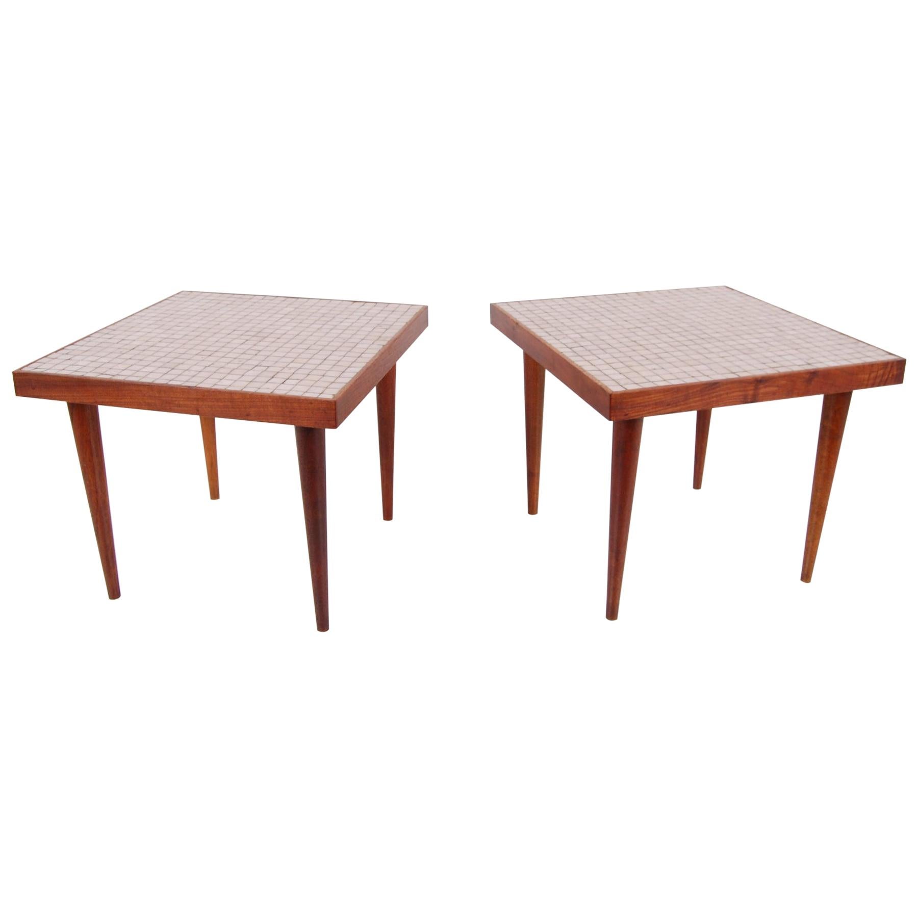 Pair of Walnut Tables with Murano Glass Tile Tops For Sale