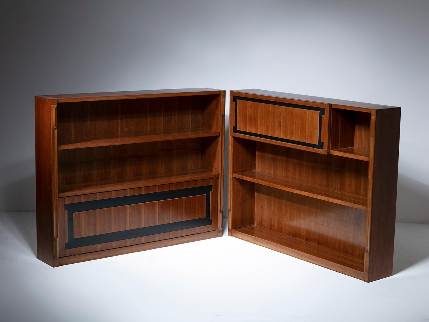 Pair of walnut storage pieces with shelves and two fall doors.
The pieces can be combined in different positions.