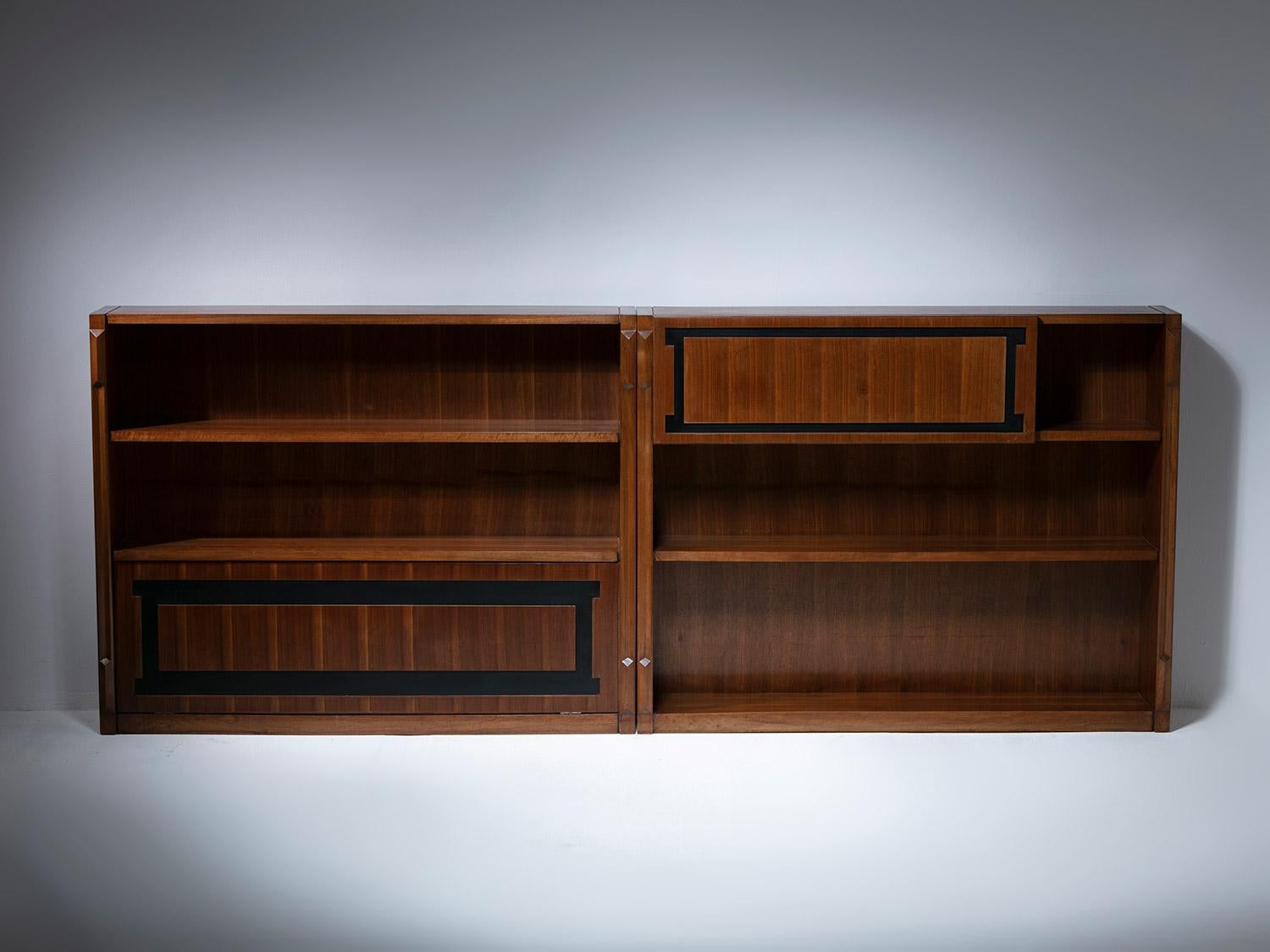 Italian Pair of Walnut Tall Modular Storage Pieces, 1950s, Italy For Sale