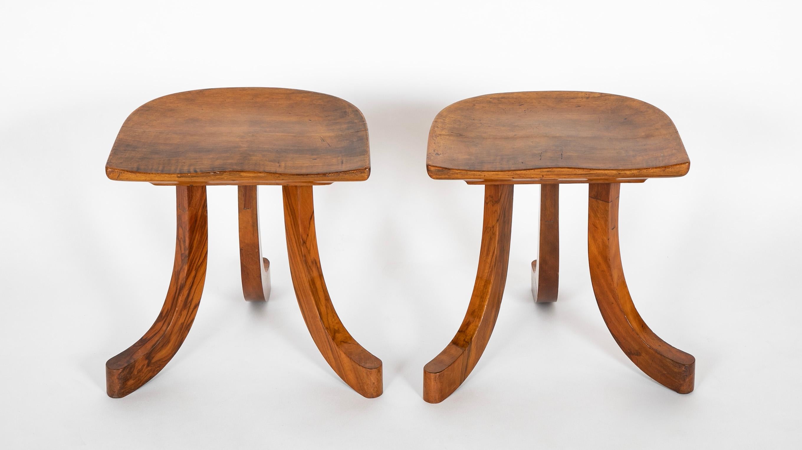 Egyptian Revival Pair of Walnut Tripod Thebes Stools in the Manner of Liberty & Co. For Sale