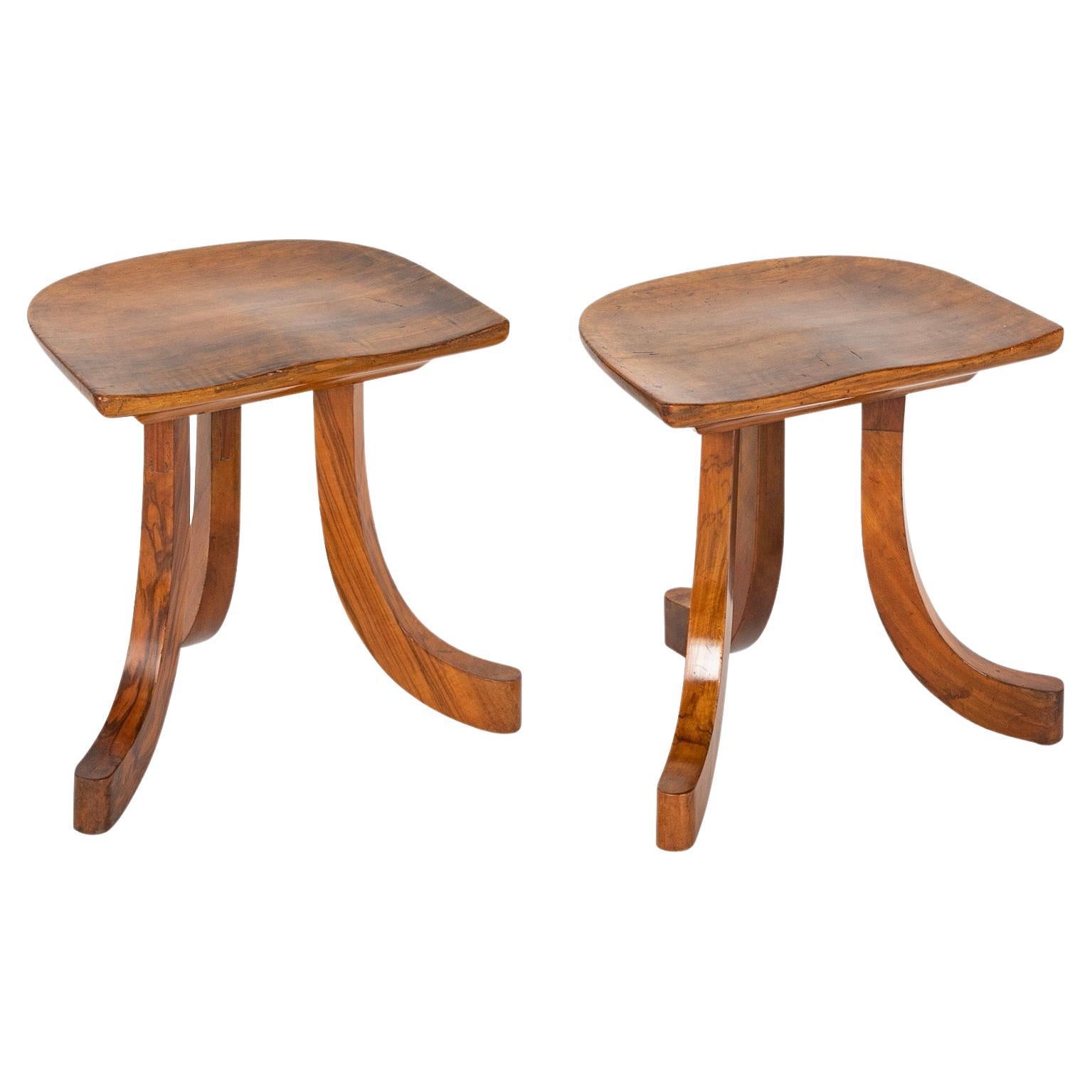 Pair of Walnut Tripod Thebes Stools in the Manner of Liberty & Co. For Sale