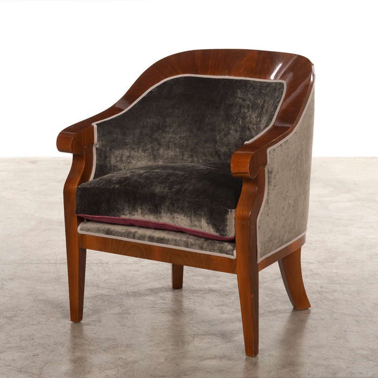 Austrian Pair of Walnut Veneered Art Deco Armchairs, Reupholstered with Grey Velvet