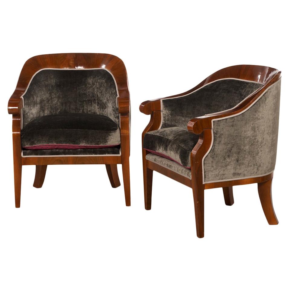 Pair of Walnut Veneered Art Deco Armchairs, Reupholstered with Grey Velvet