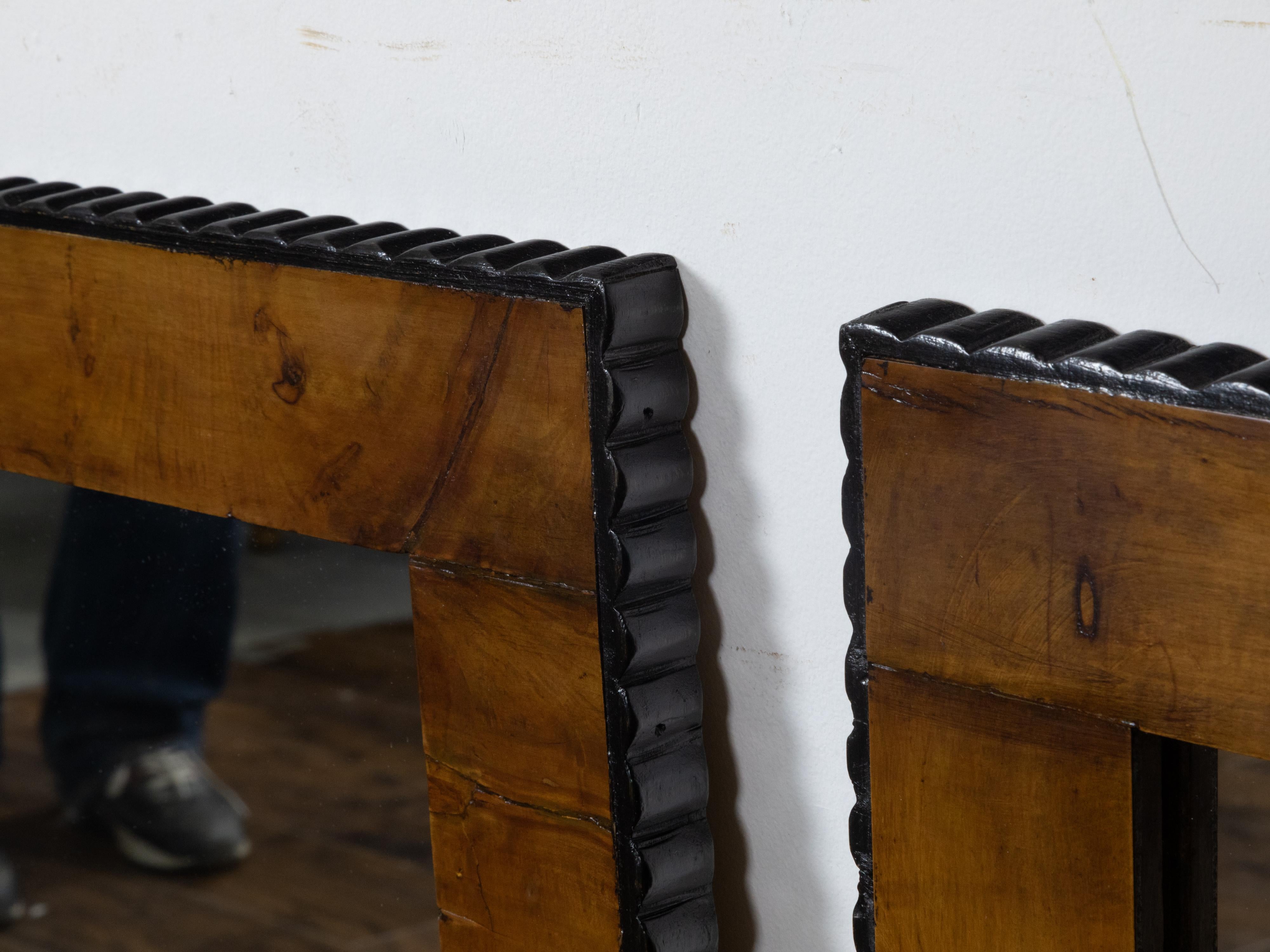 Austrian Pair of Walnut Wall Mirrors Made of 19th Century Biedermeier Components