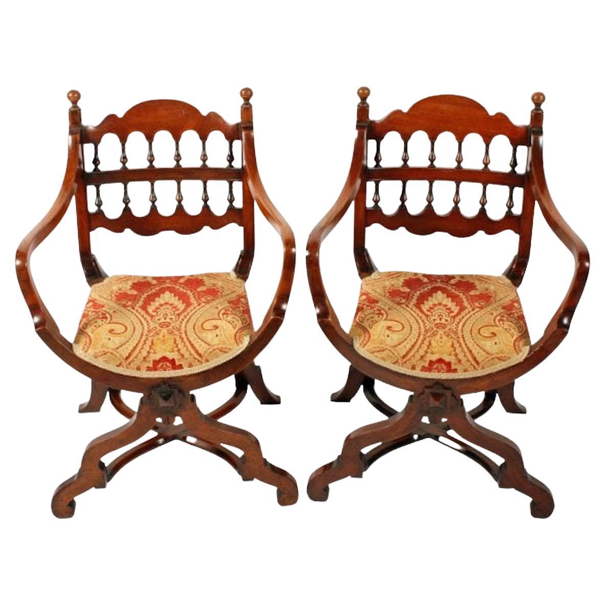 Pair of Walnut 'X' Frame Arm Chairs, 19th Century For Sale