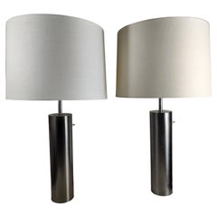 Paire de lampes de bureau cylindriques en acier inoxydable Walter & Greta Von Neesen, C1965