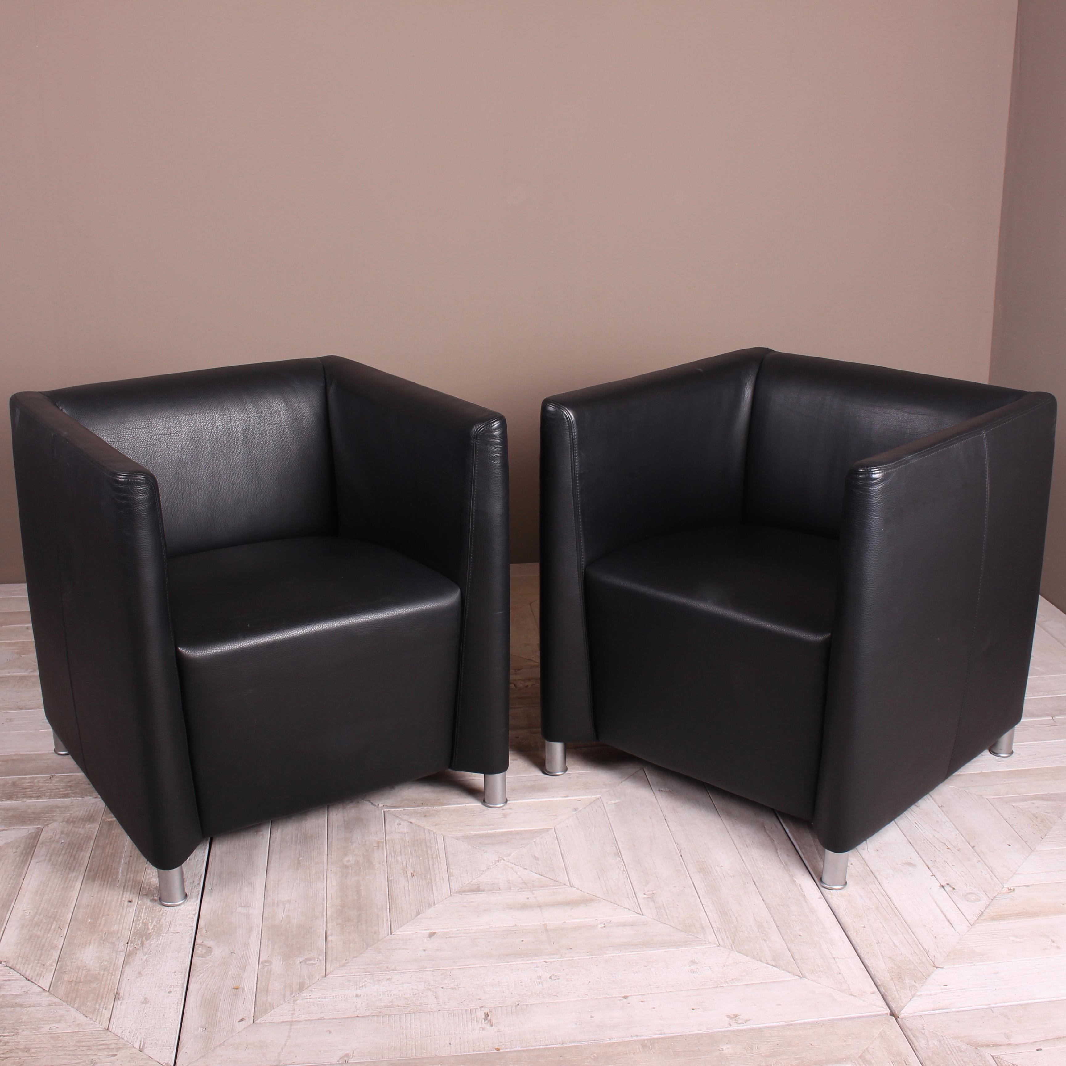 Metal Pair of Walter Knoll Black Leather Tub Lounge Chairs