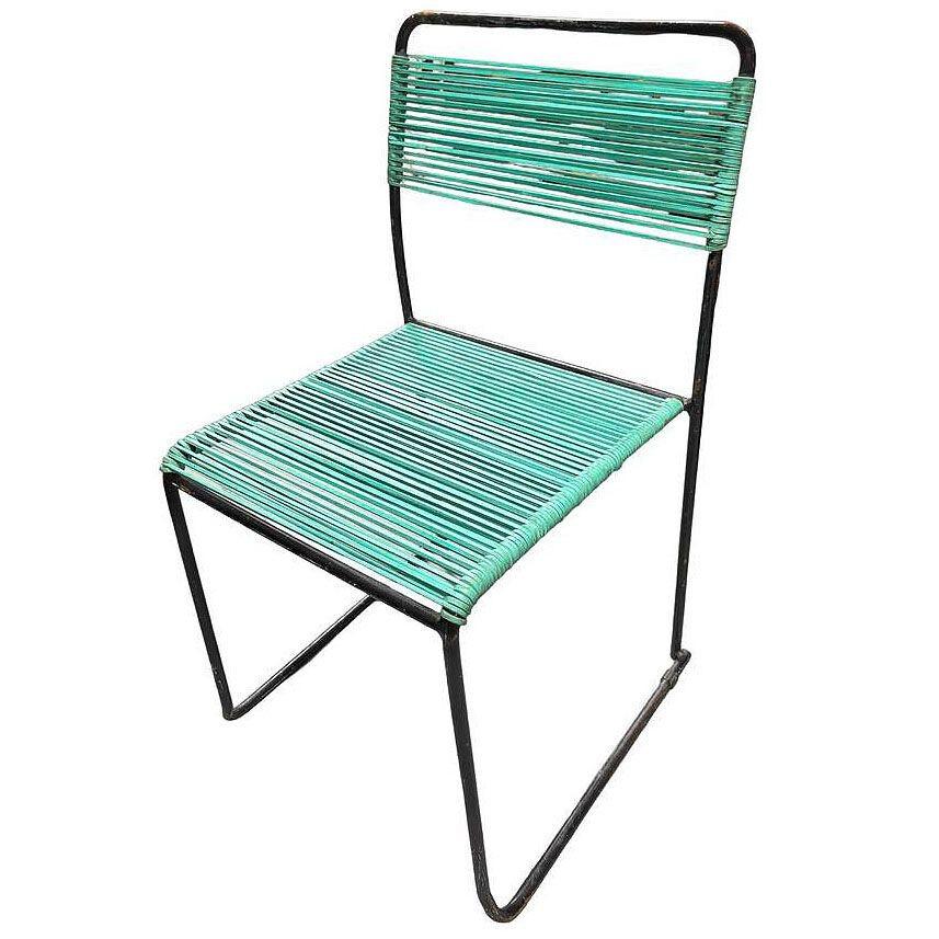 Mid-Century moderno Coppia di sedie da patio per esterni in stile Walter Lamb, in ferro e con corde blu in vendita