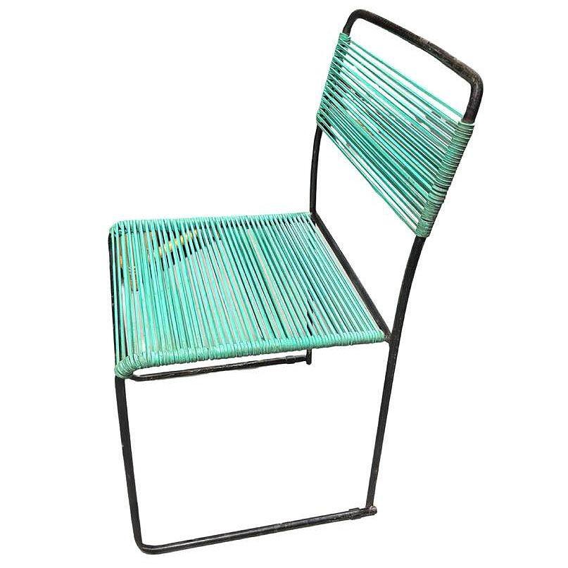 Metà XX secolo Coppia di sedie da patio per esterni in stile Walter Lamb, in ferro e con corde blu in vendita