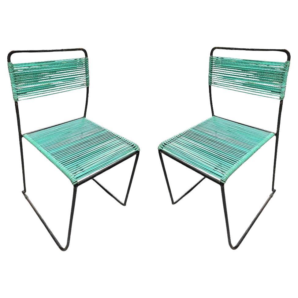 Pair of Walter Lamb Style Iron Blue Corded Outdoor Patio Side Chairs