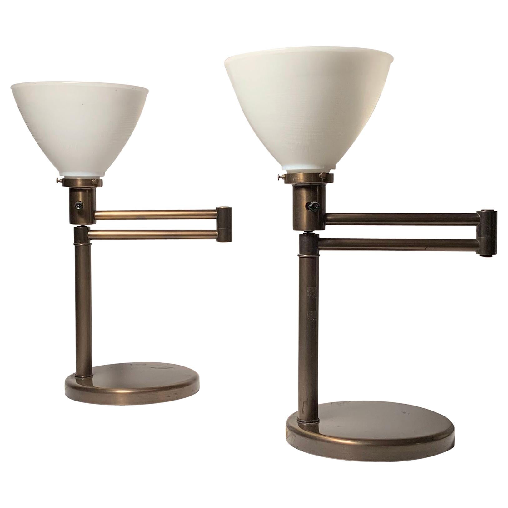 Pair of Walter Von Nessen Vintage Swing Arm Table Lamps in Bronze Finish