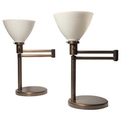 Pair of Walter Von Nessen Retro Swing Arm Table Lamps in Bronze Finish