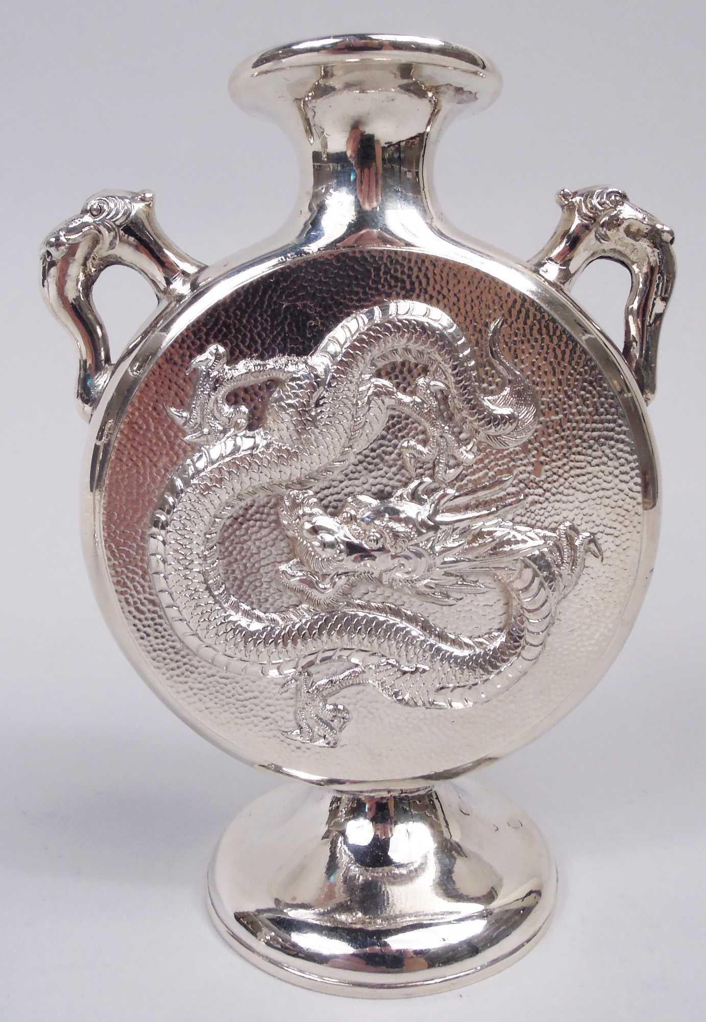 20th Century Pair of Wang Hing Chinese Export Silver Dragon Moon Vases For Sale