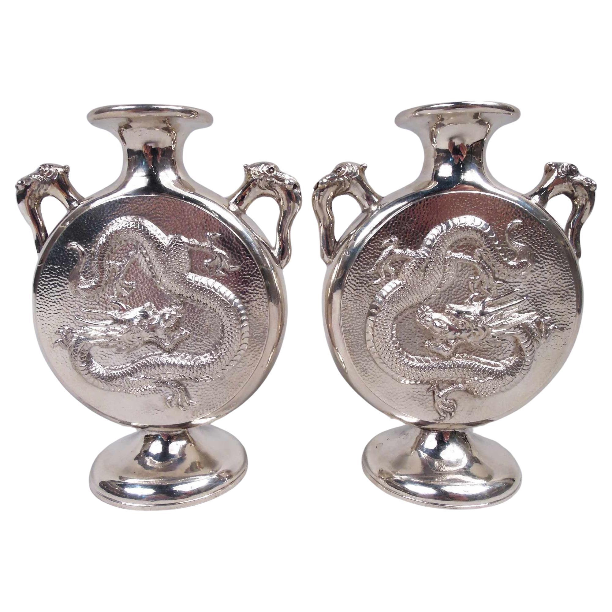 Pair of Wang Hing Chinese Export Silver Dragon Moon Vases For Sale