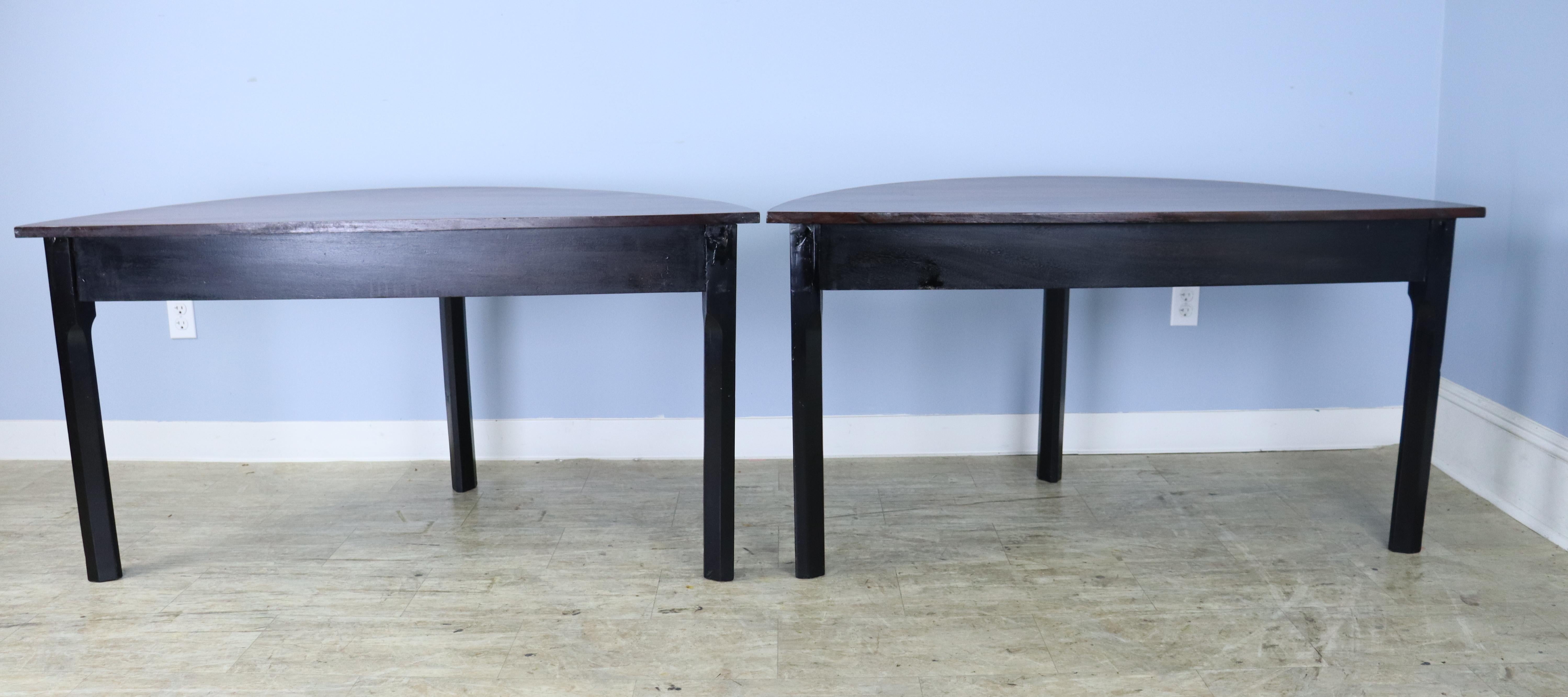 French Pair of Walnut Demi-Lune Console Tables, Ebonized Bases