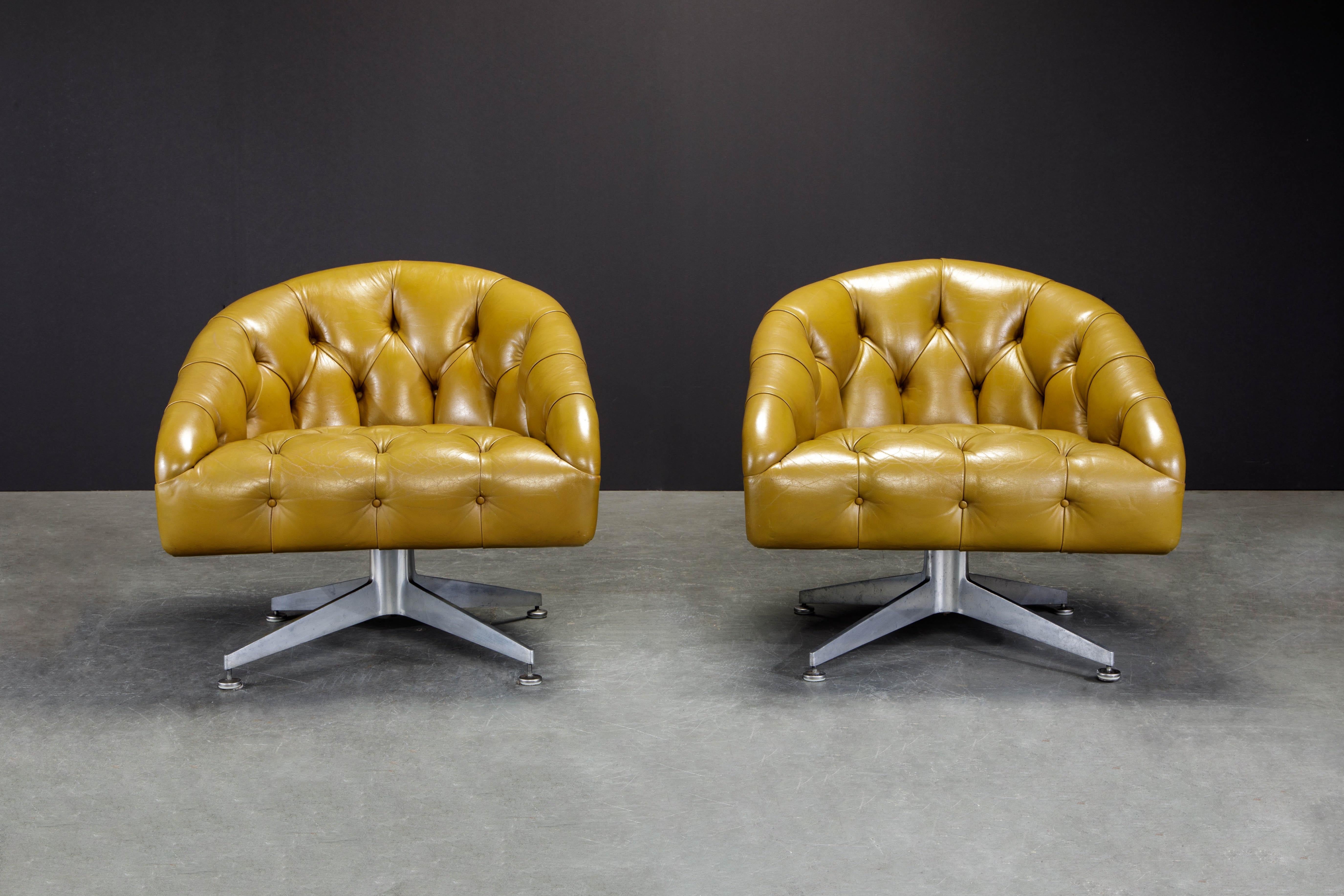 This pair of swiveling club chairs by Ward Bennet for Lehigh Leopold is for true collectors - for those who love everything all-original and with gorgeous light patina and light leather distressing (and the leather on these lounge chairs are so