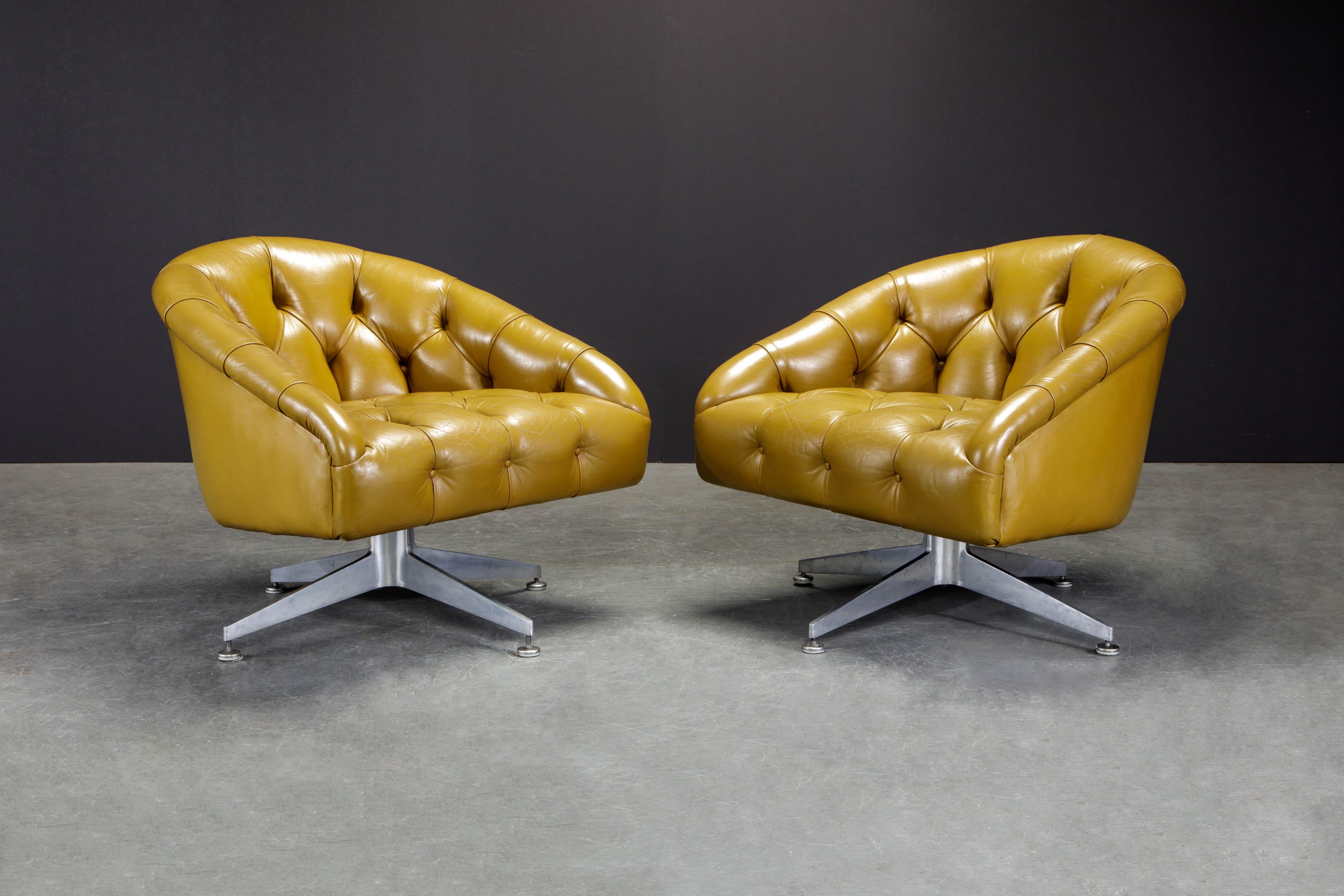 Mid-Century Modern Pair of Ward Bennet for Lehigh Leopold Tufted Swivel Club Chairs, 1960s, Signed