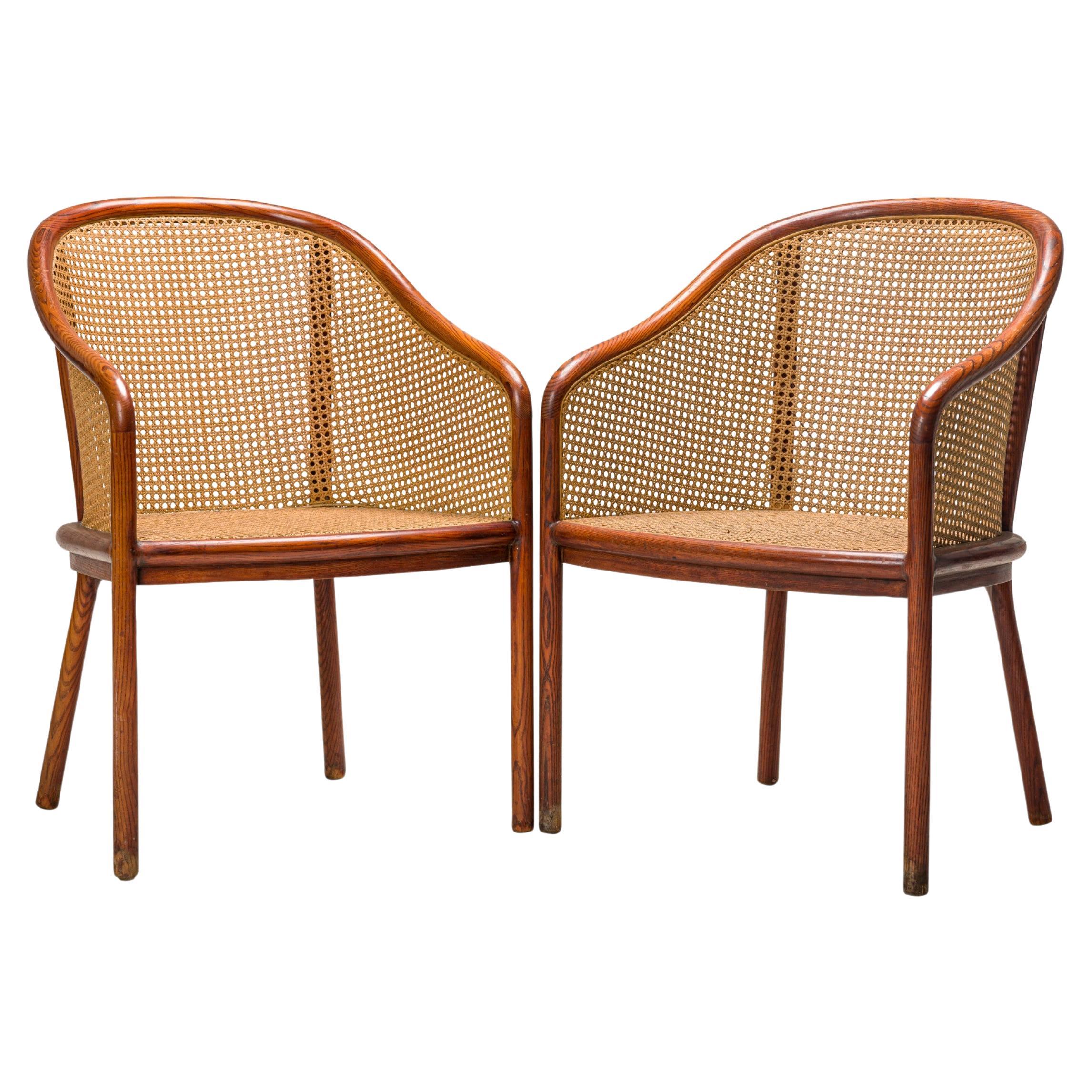 Pair of Ward Bennett American Mid-Century Steam Bent Ash and Cane Armchairs For Sale