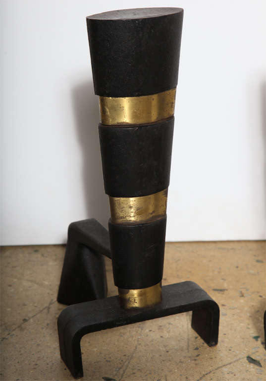 American Pair of Ward Bennett Black Cast Iron and Brass Andirons, 1950s