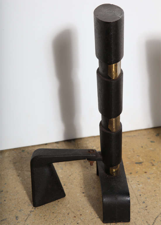 Pair of Ward Bennett Black Cast Iron and Brass Andirons, 1950s In Good Condition In Bainbridge, NY