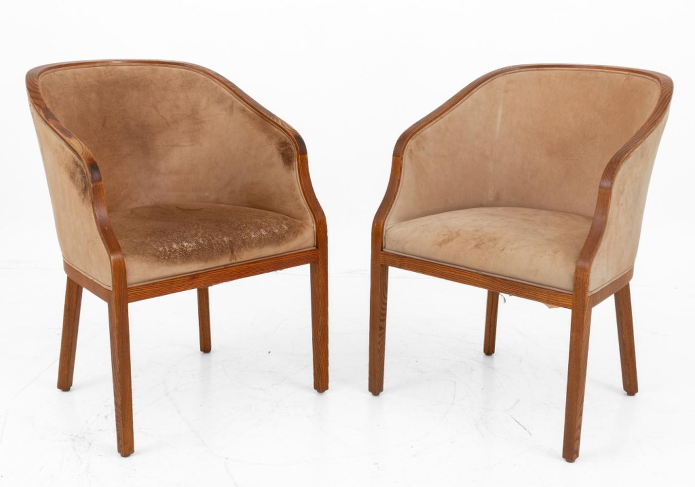 Pair of Ward Bennett for Brickell Associates Beige Leather Covered Tub Armchairs, labels to undersides. 33