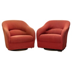 Vintage Pair of Ward Bennett for Brickel Light Red Upholstered Swivel Tub Lounge Chairs