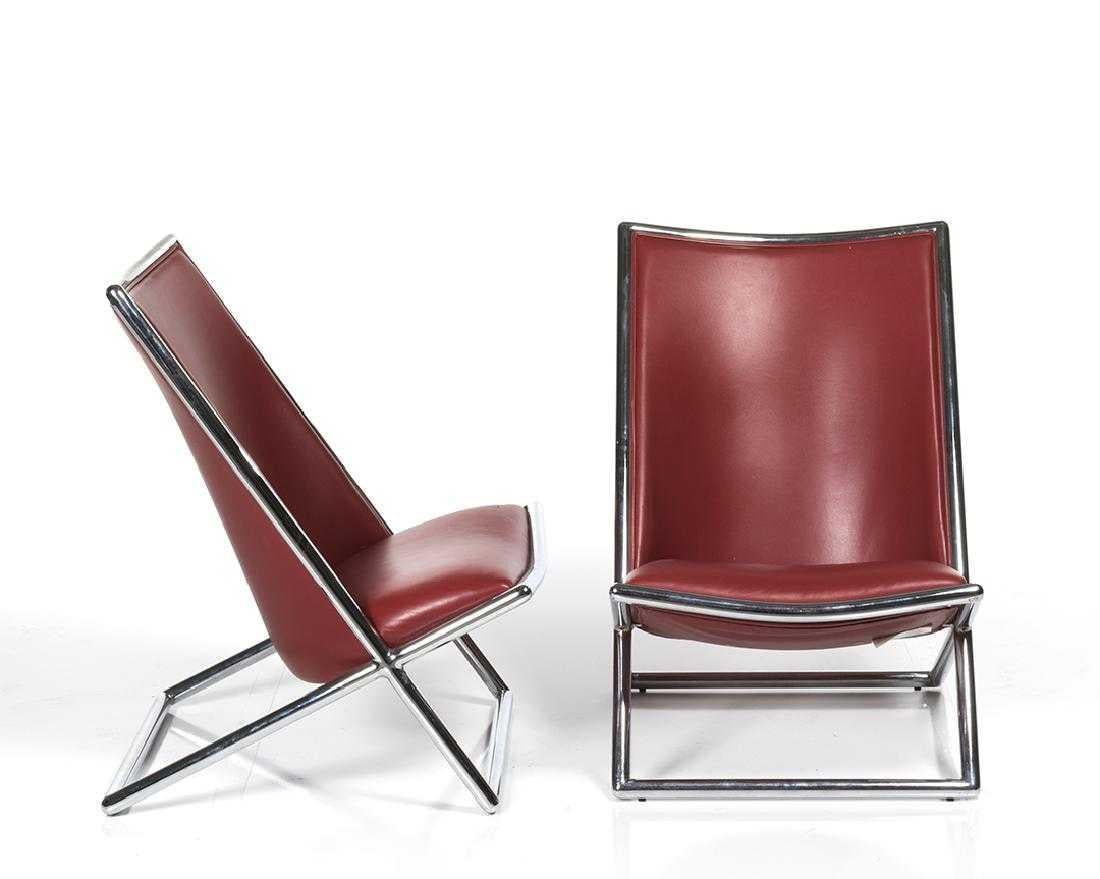 Pair of leather scissor chairs by Ward Bennett for Geiger, 1980s.
Pair of leather and chrome scissor Chairs in great condition. This pair offers great comfort with style.

Condition:
Excellent condition.
Dimensions:
28 x 35 x 24 in.