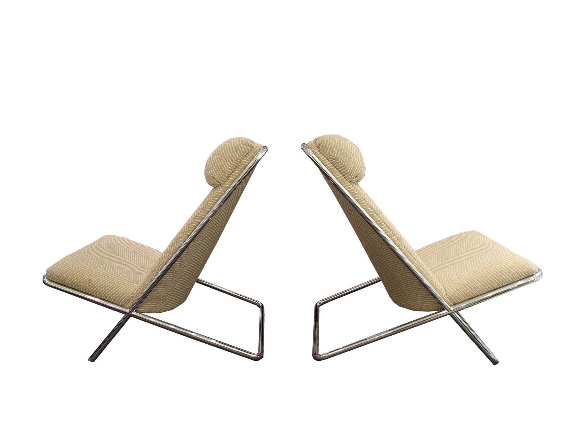 Pair of mid-century John Mascheroni scissor chairs with chevron upholstery and chrome frame, circa 1960s. Price is for the pair.