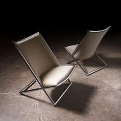 Pair of Ward Bennett Scissor Lounge Chairs in Chrome with Original Taupe Mohair