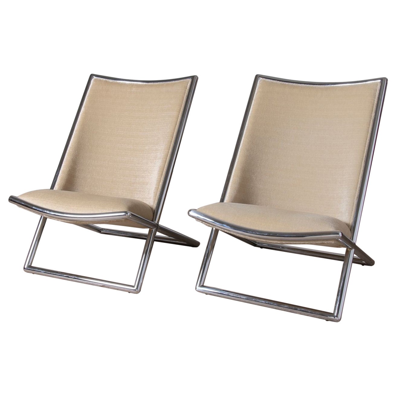 Pair of Ward Bennett Scissor Lounge Chairs in Chrome with Original Taupe Mohair