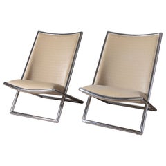 Pair of Ward Bennett Scissor Lounge Chairs in Chrome with Original Taupe Mohair