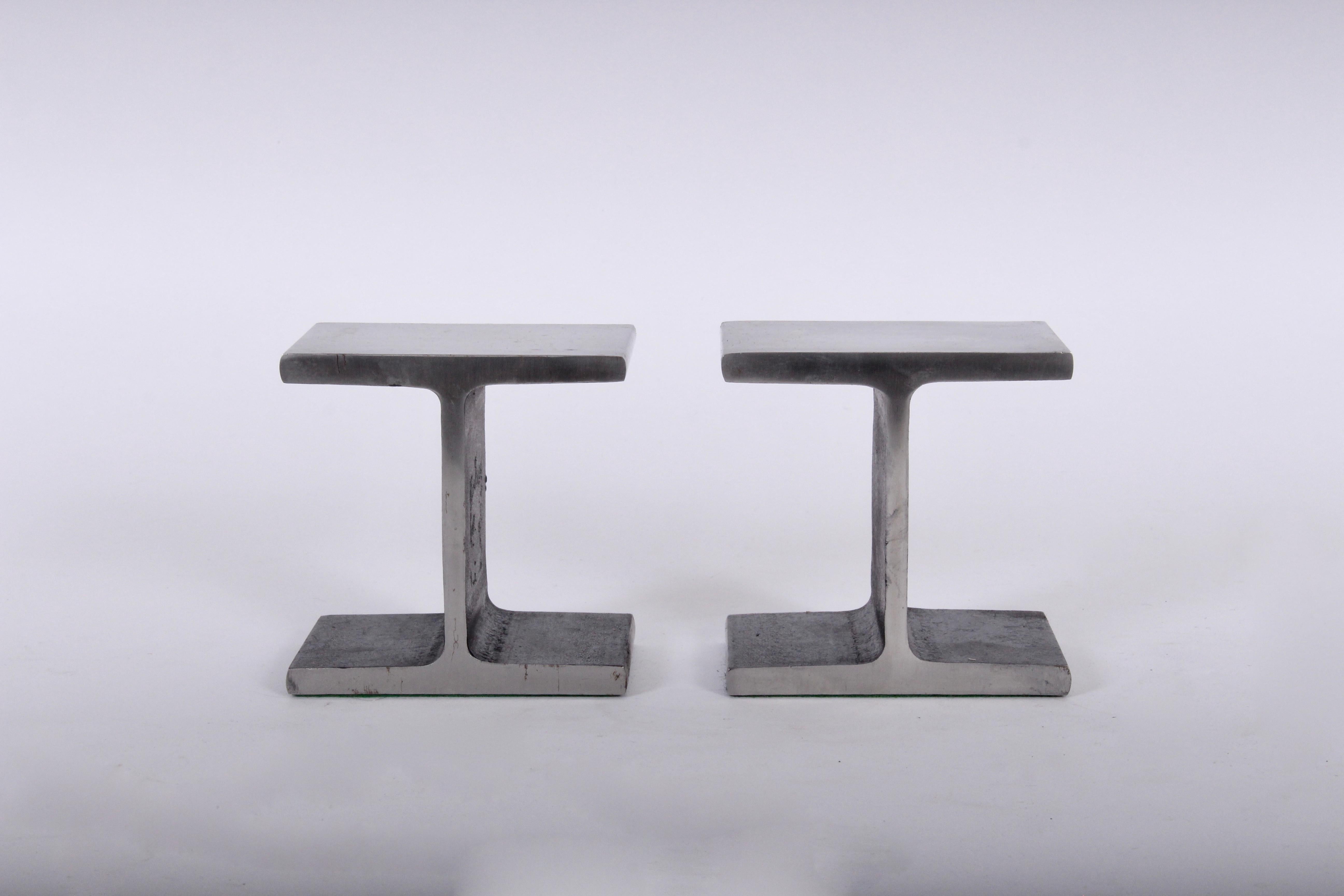 Modern Ward Bennett style brushed steel and blackened iron bookends. Heavy. Sculptural. Stackable.