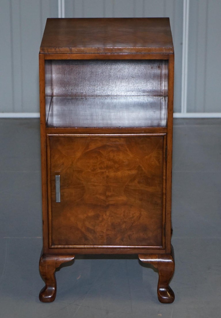 English Pair of Waring & Gillow 1932 Burr Walnut Bedside Cupboards or Lamp Wine Tables For Sale