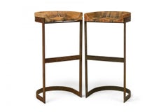 Paire de tabourets de bar cantilever en laiton et bois fer à cheval Warren Bacon