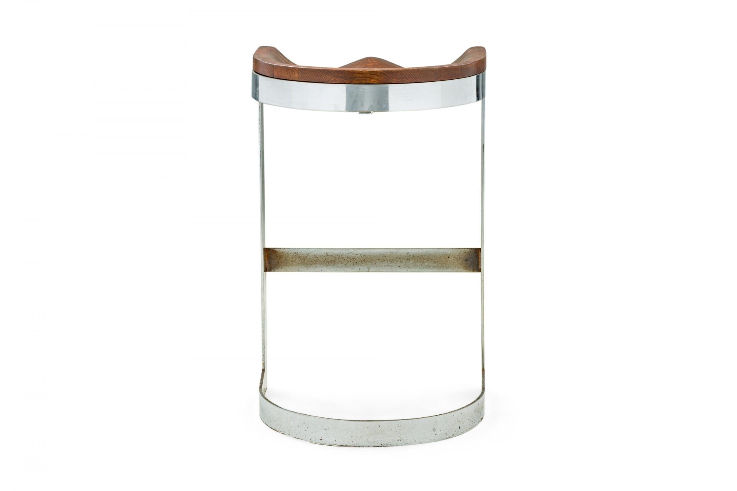 Hand-Crafted Pair of Warren Bacon Chrome & Wood Horseshoe Cantilever Bar Stools For Sale