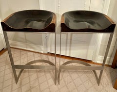 Pair of Warren Bacon Chrome & Wood Horseshoe Cantilever Bar Stools