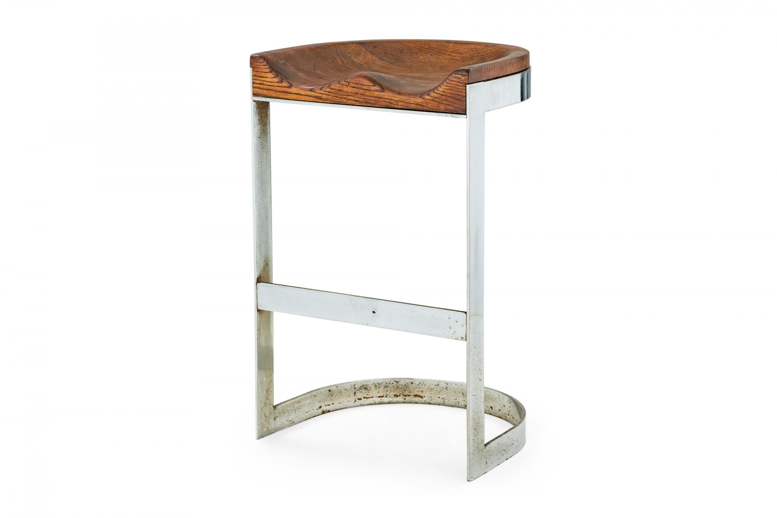 Mid-Century Modern Pair of Warren Bacon Chrome & Wood Horseshoe Cantilever Bar Stools For Sale