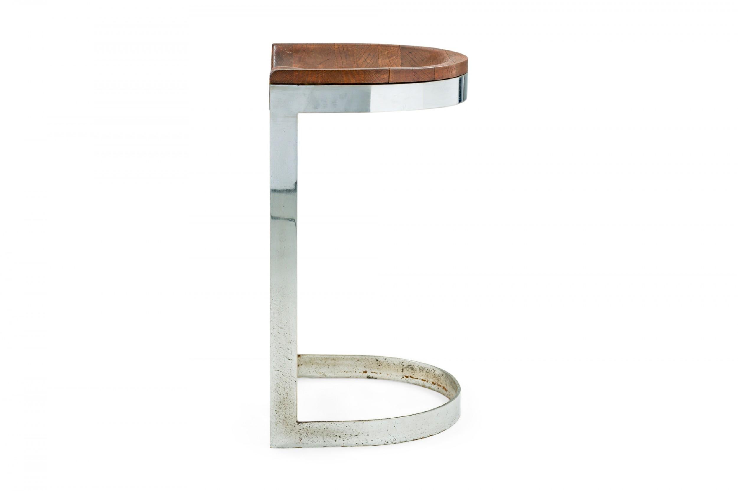 American Pair of Warren Bacon Chrome & Wood Horseshoe Cantilever Bar Stools For Sale