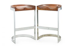 Paire de tabourets de bar cantilever en bois et chrome Warren Bacon