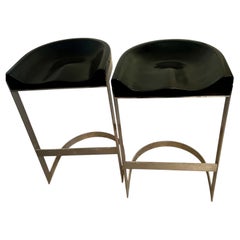 Pair of Warren Bacon Chrome & Wood Horseshoe Cantilever Bar Stools