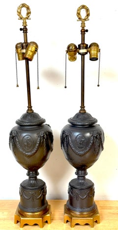 Pair of Warren Kessler Wedgwood Style Black Basalt Neoclassical Urn Lamps