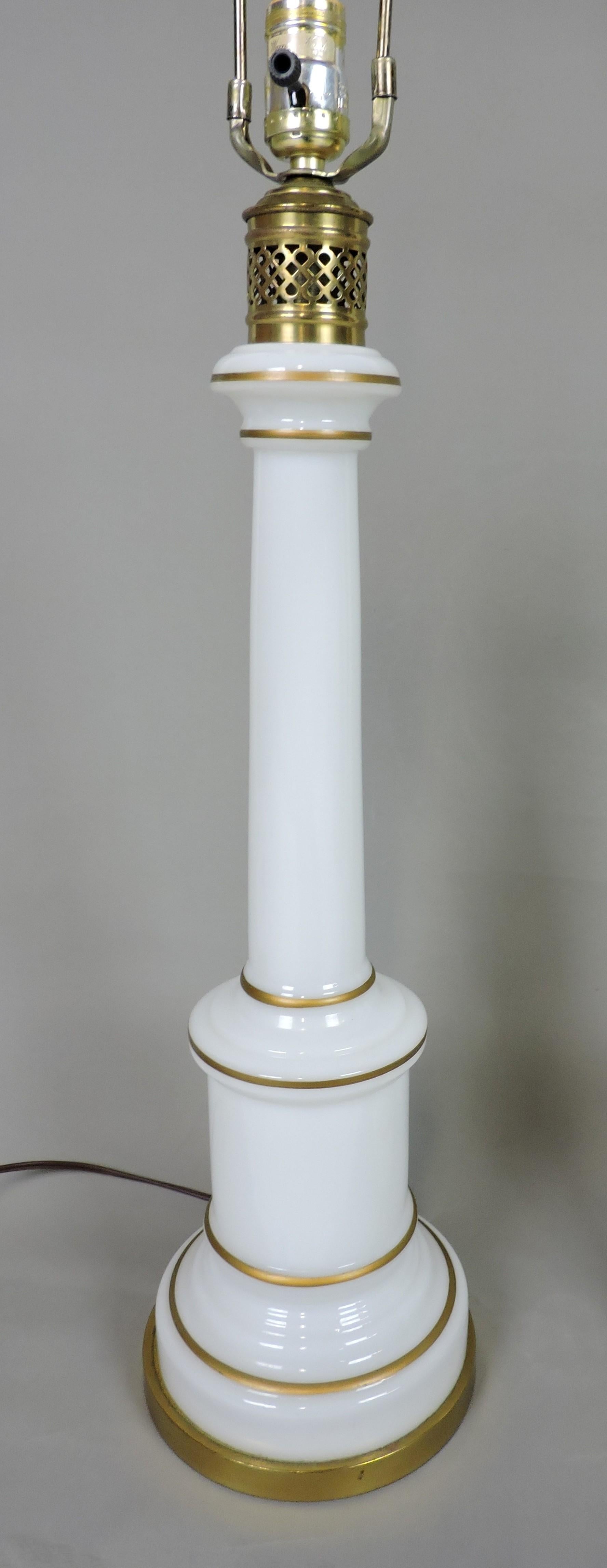Pair of Warren Kessler White Opaline Glass and Brass Mid-Century Table Lamps 3