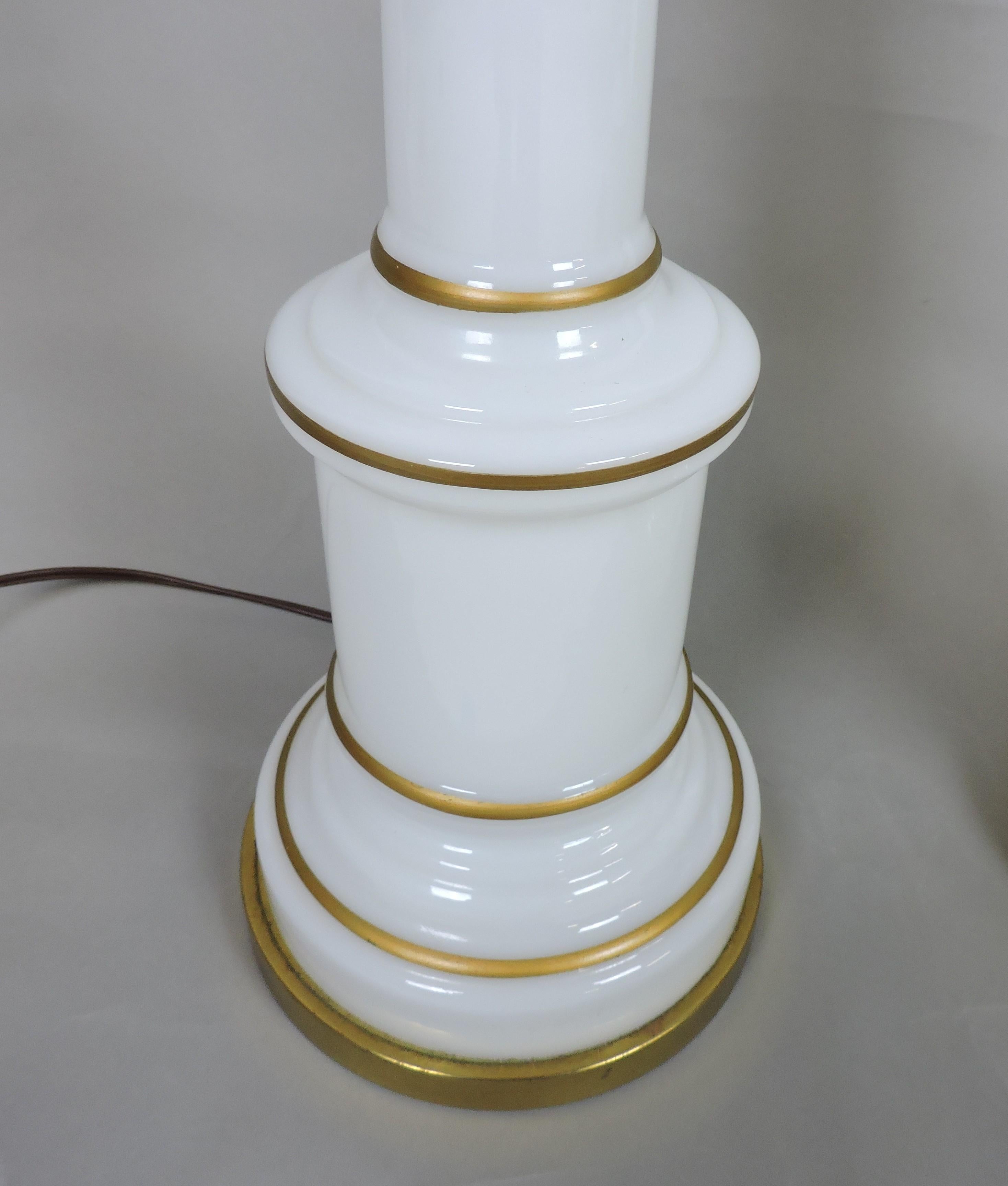 Pair of Warren Kessler White Opaline Glass and Brass Mid-Century Table Lamps 5