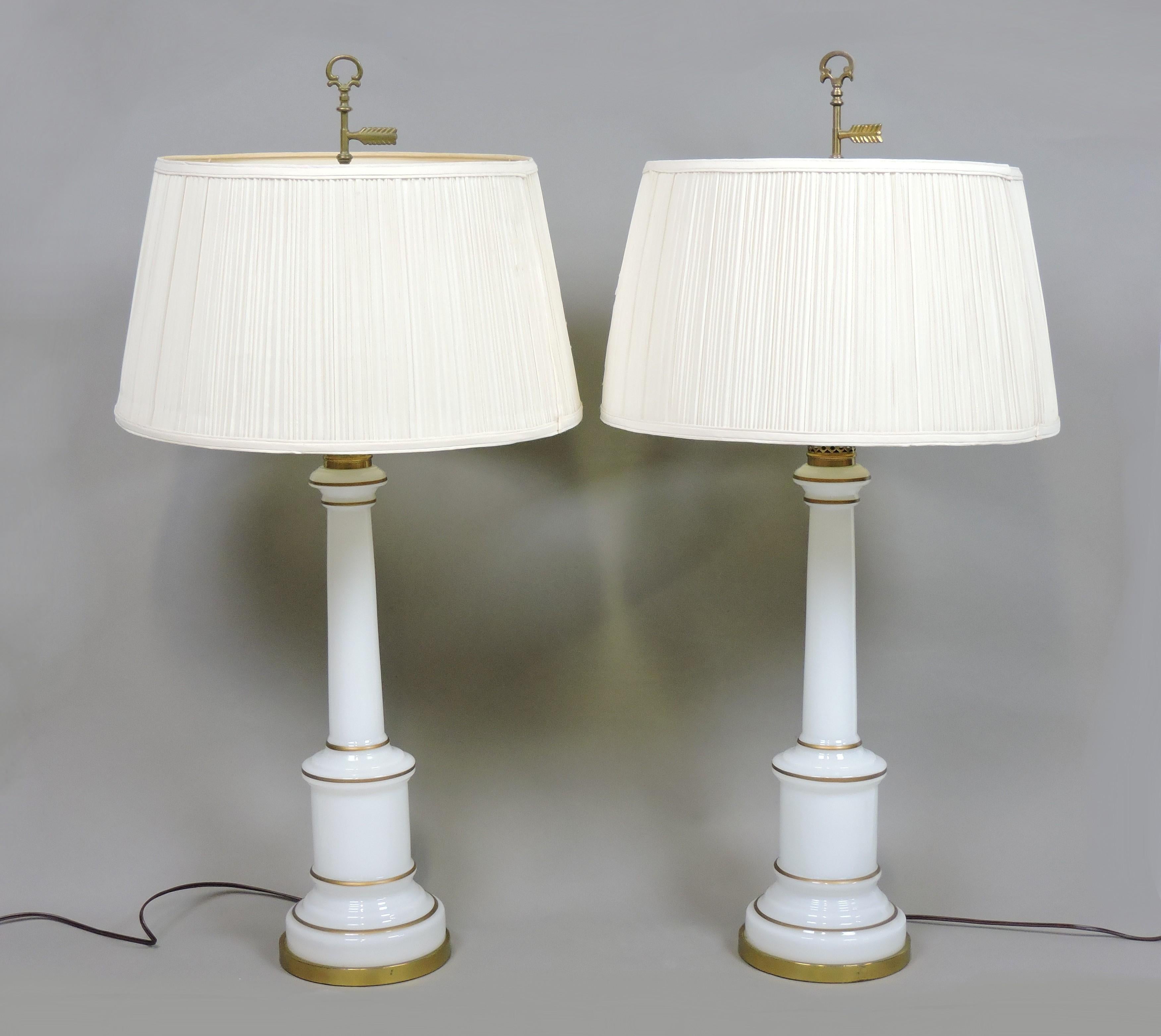 Pair of Warren Kessler White Opaline Glass and Brass Mid-Century Table Lamps 7